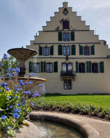 Das Schloss Rosenau mit dem Brunnen im Park und Blumen im Vordergrund.